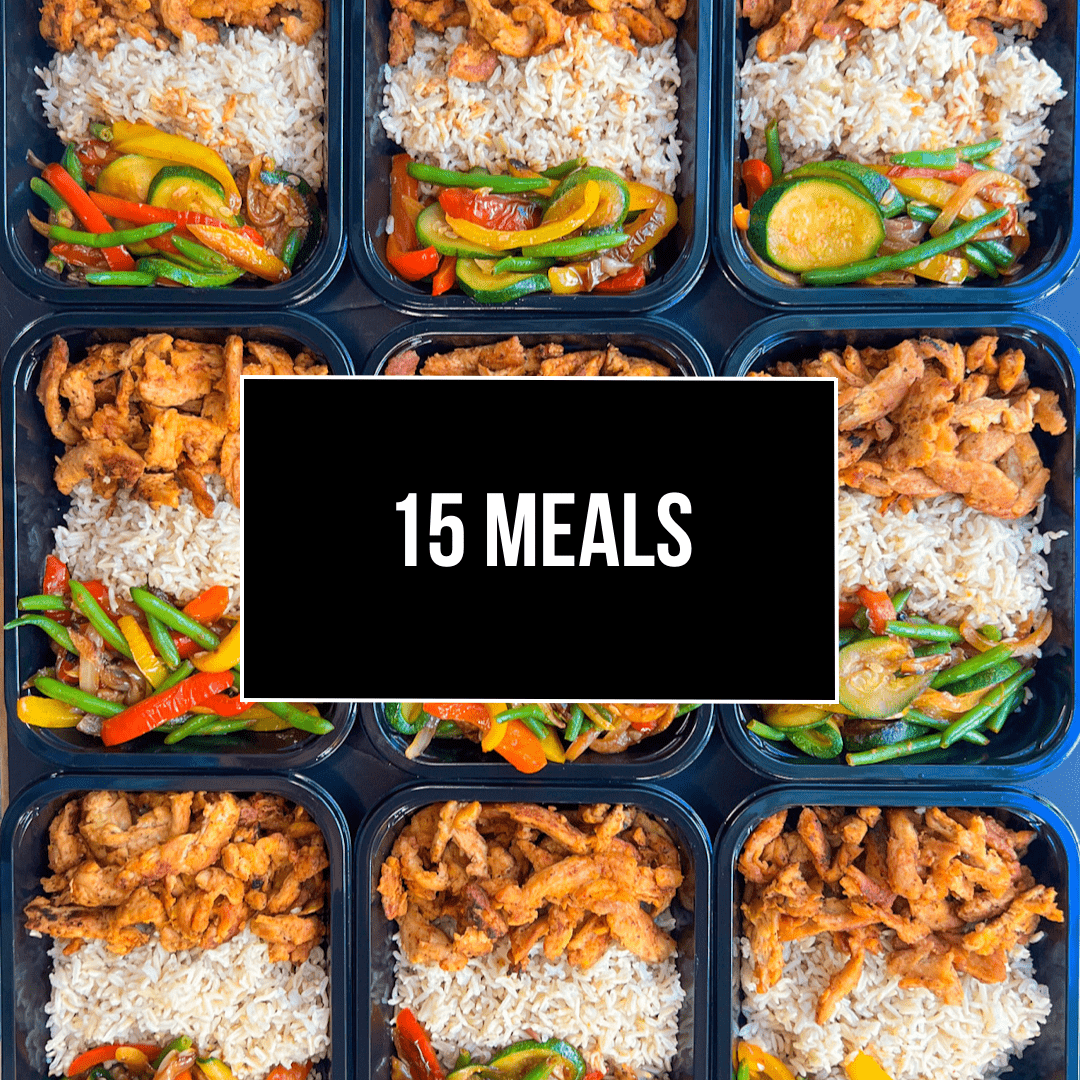 15 ready-made prepped meals in a plastic container with rice and vegetables available for delivery.