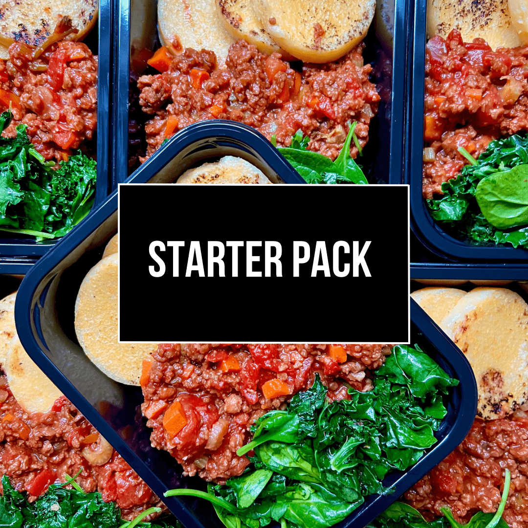 A set of ready-made Fierce Fuel Starter Pack containers with meat and vegetables in them.