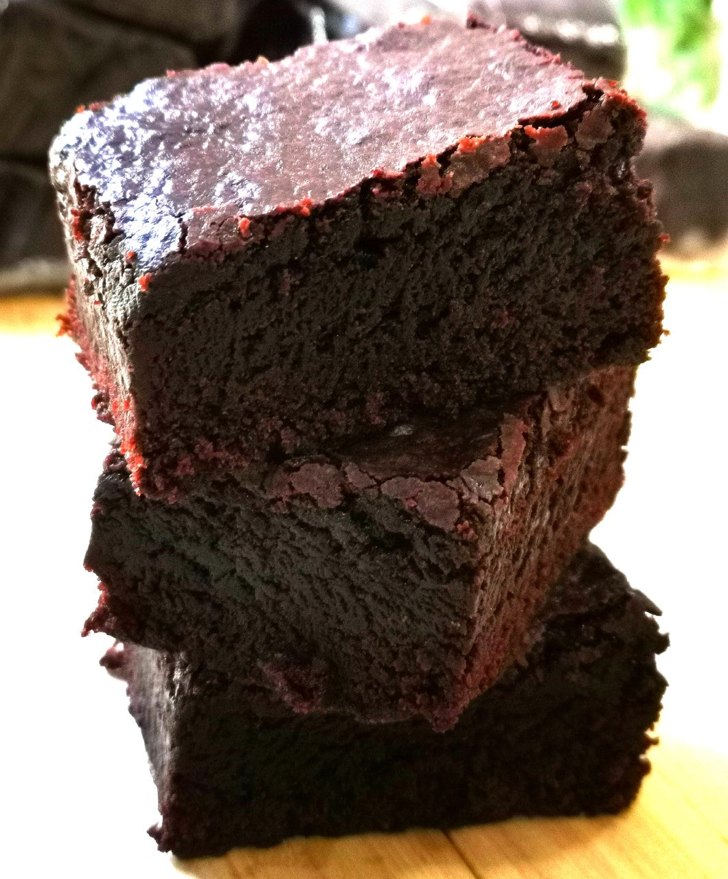 Three Killer Chocolate Brownies stacked on top of each other, prepped and delivered by Fierce Fuel in Squamish.