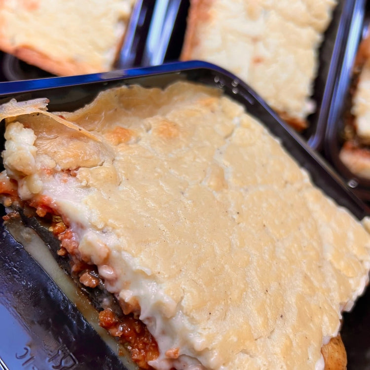A healthy meal of Greek Moussaka delivered in a plastic container from Fierce Fuel.